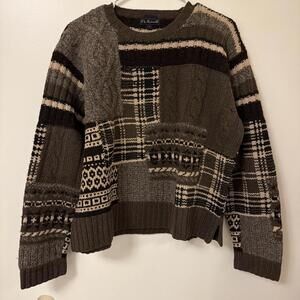 Vintage Faconnable Wool Sweater Mens Large Brown Plaid Tartan Patch Work France